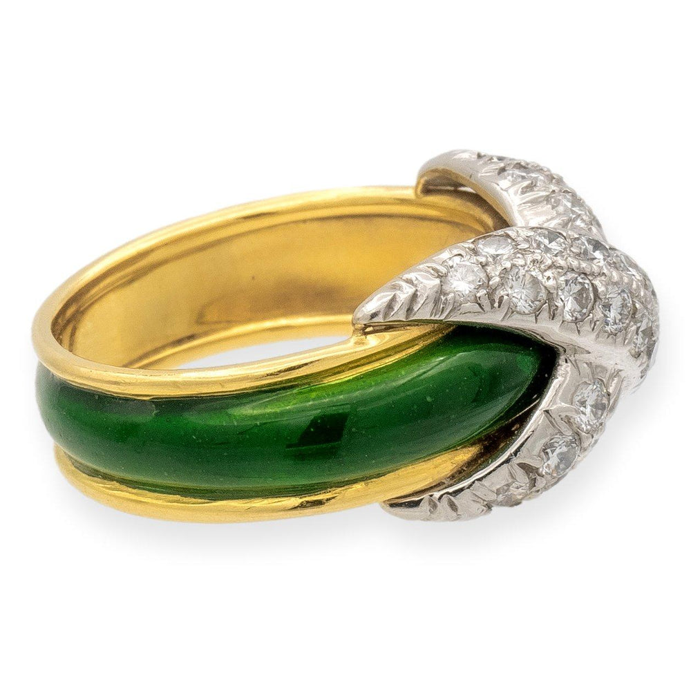 Tiffany & Co. Platinum 18K Yellow Gold Diamond X Schlumberger Green Enamel Ring