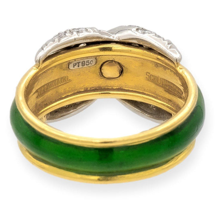 Tiffany & Co. Platinum 18K Yellow Gold Diamond X Schlumberger Green Enamel Ring