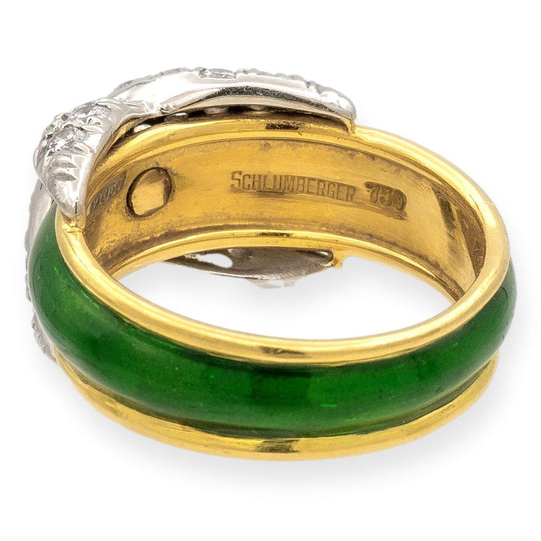 Tiffany & Co. Platinum 18K Yellow Gold Diamond X Schlumberger Green Enamel Ring