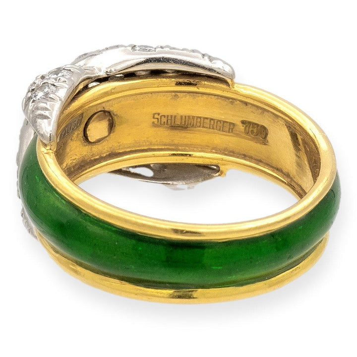 Tiffany & Co. Platinum 18K Yellow Gold Diamond X Schlumberger Green Enamel Ring