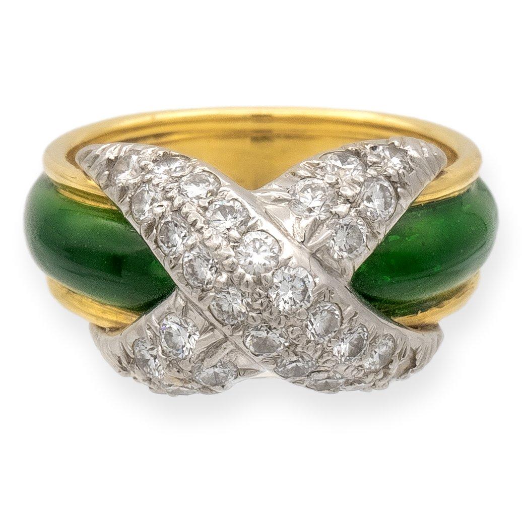 Tiffany & Co. Platinum 18K Yellow Gold Diamond X Schlumberger Green Enamel Ring