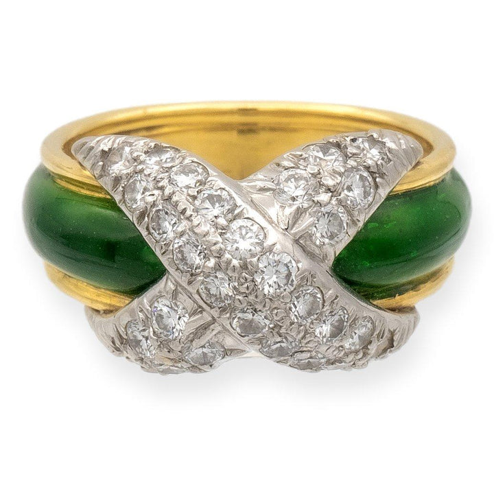 Tiffany & Co. Platinum 18K Yellow Gold Diamond X Schlumberger Green Enamel Ring