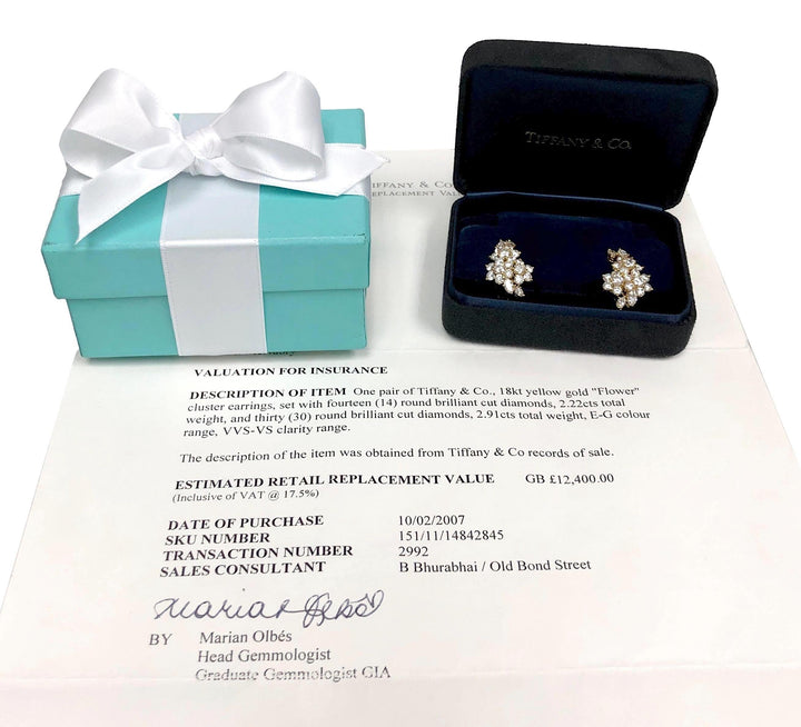 Tiffany & Co. 18K Yellow Gold Flower Round Diamond 5.13ct Cluster Clip Earrings