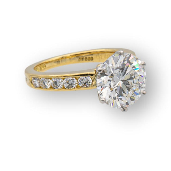 Vintage Tiffany and Co. 18K Yellow Gold Platinum Channel Set Round Diamond Engagement Ring 2.69Cts. FVVS1