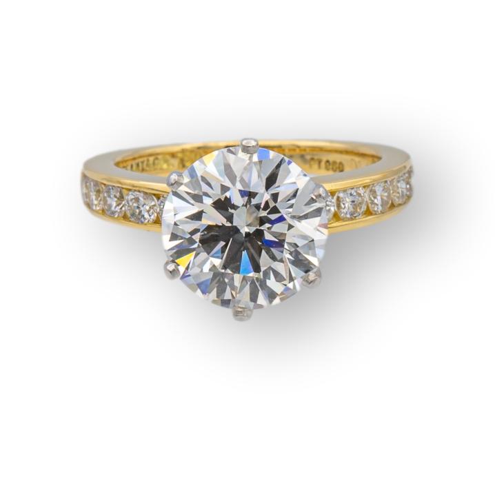 Vintage Tiffany and Co. 18K Yellow Gold Platinum Channel Set Round Diamond Engagement Ring 2.69Cts. FVVS1