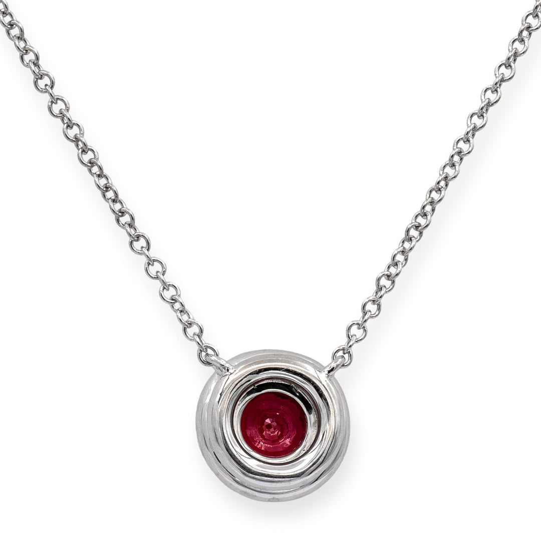 Tiffany & Co. Platinum Soleste Round Ruby and Diamond Pendant 16" Long