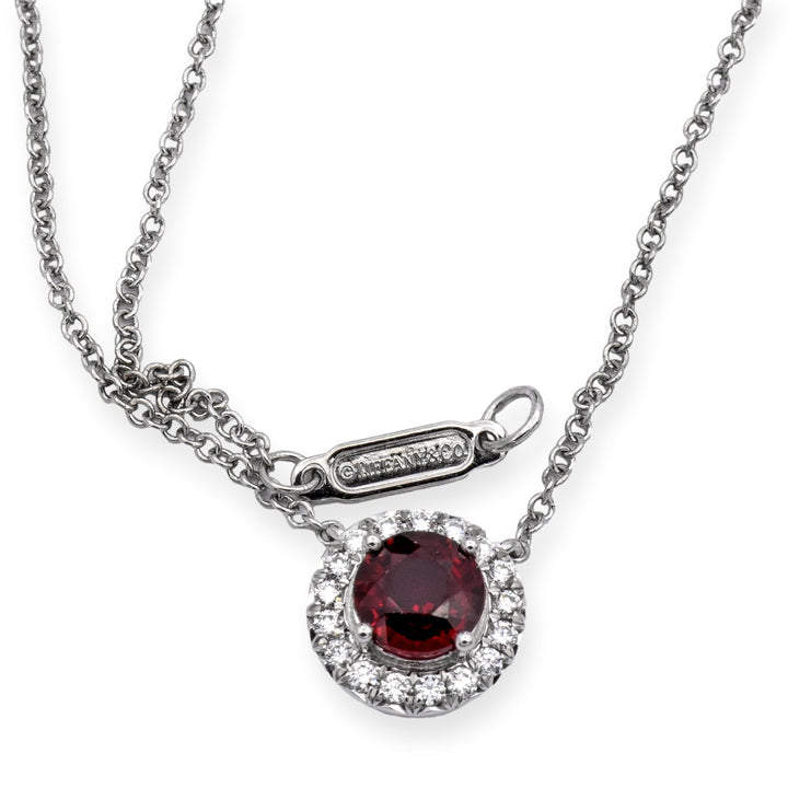 Tiffany & Co. Platinum Soleste Round Ruby and Diamond Pendant 16" Long