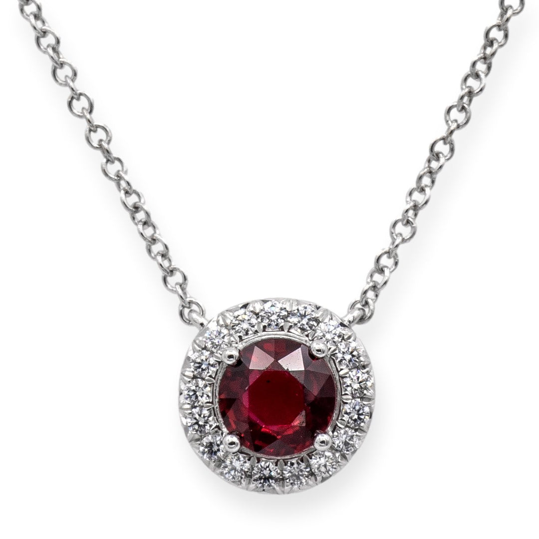Tiffany & Co. Platinum Soleste Round Ruby and Diamond Pendant 16" Long