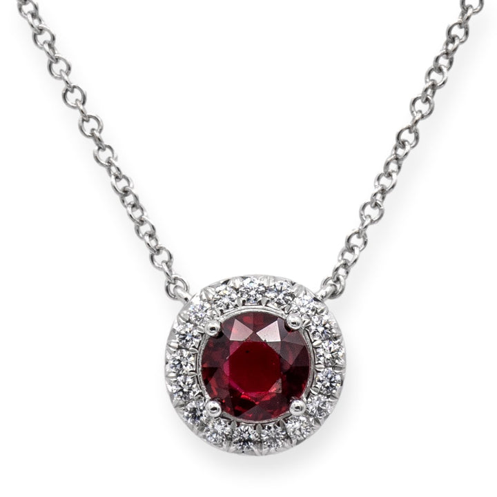 Tiffany & Co. Platinum Soleste Round Ruby and Diamond Pendant 16" Long