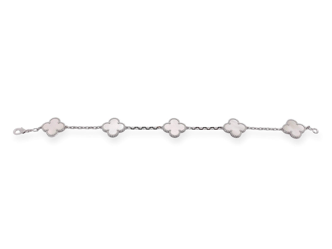 Van Cleef & Arpels 18K White Gold Vintage Alhambra 5 Motif M.O.P. Bracelet