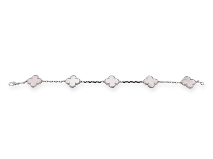 Van Cleef & Arpels 18K White Gold Vintage Alhambra 5 Motif M.O.P. Bracelet