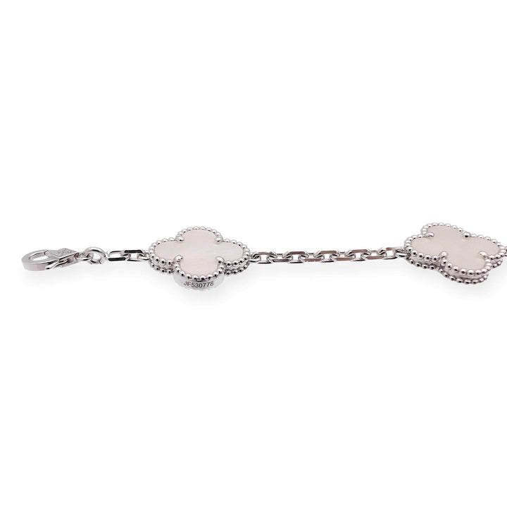 Van Cleef & Arpels 18K White Gold Vintage Alhambra 5 Motif M.O.P. Bracelet