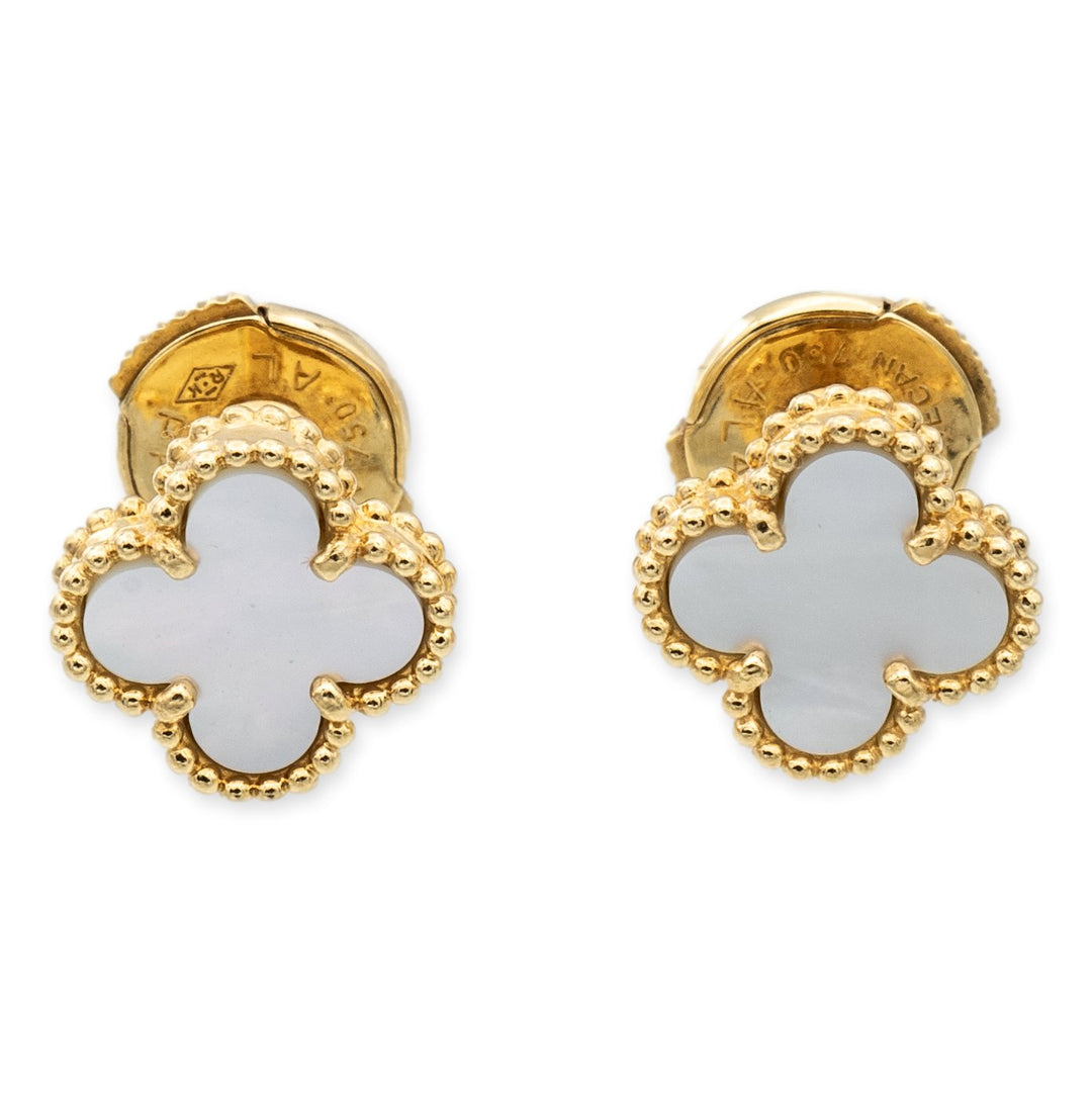 Van Cleef & Arpels Sweet Alhambra 18K Yellow Gold Mother of Pearl Stud Earrings
