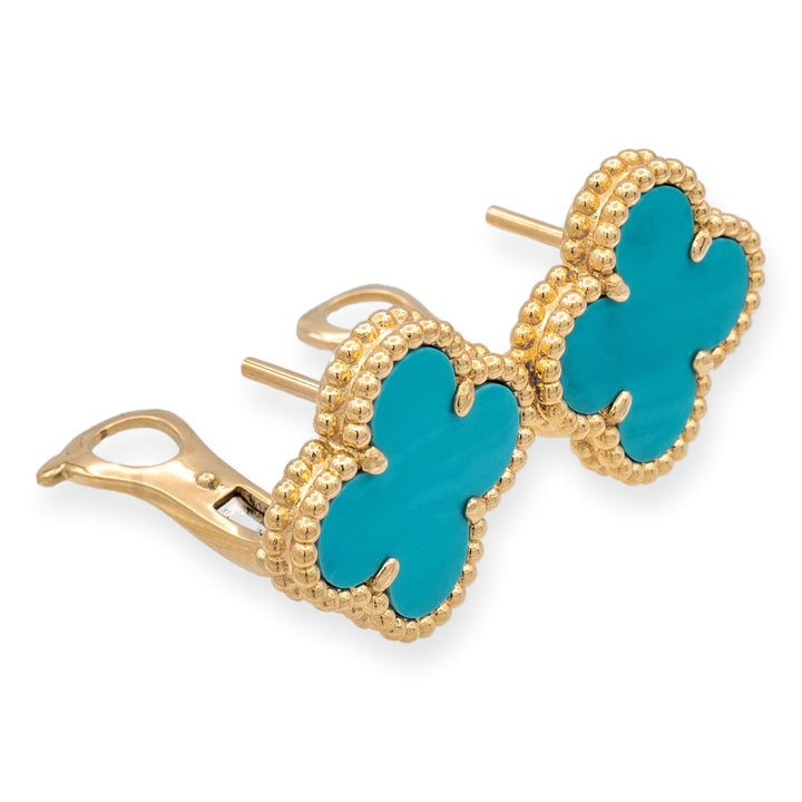 Van Cleef & Arpels Vintage Alhambra 18K Yellow Gold Turquoise Clip Earrings