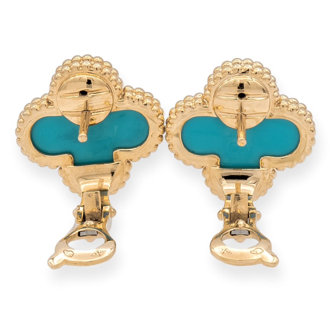 Van Cleef & Arpels Vintage Alhambra 18K Yellow Gold Turquoise Clip Earrings