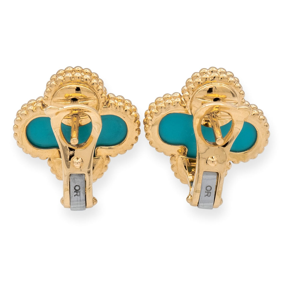 Van Cleef & Arpels Vintage Alhambra 18K Yellow Gold Turquoise Clip Earrings