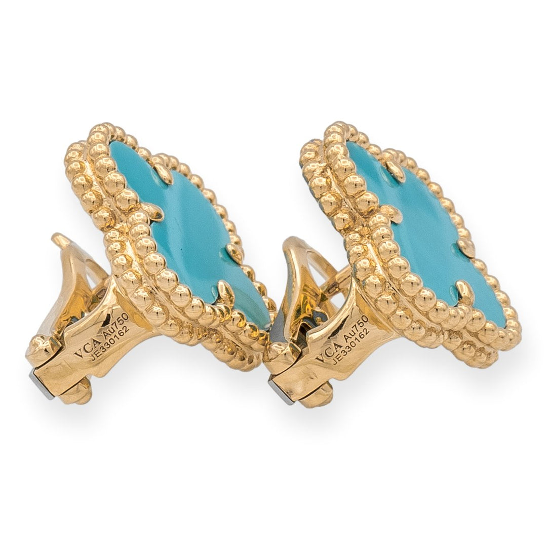 Van Cleef & Arpels Vintage Alhambra 18K Yellow Gold Turquoise Clip Earrings