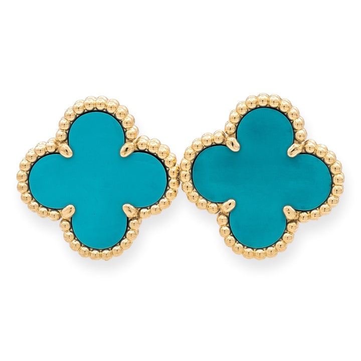Van Cleef & Arpels Vintage Alhambra 18K Yellow Gold Turquoise Clip Earrings