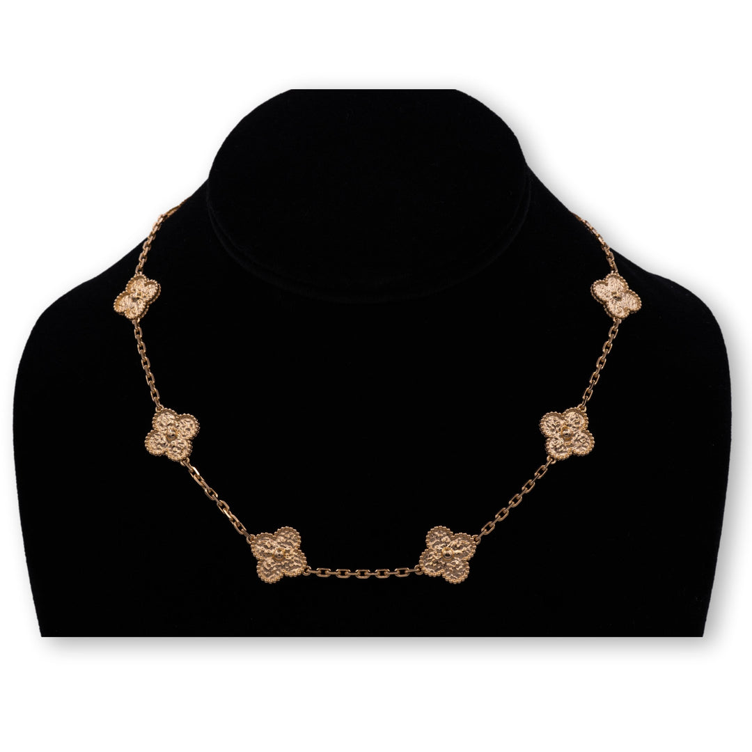 Van Cleef & Arpels Vintage 10 motif Alhambra 18K Yellow Gold Necklace 16.5"