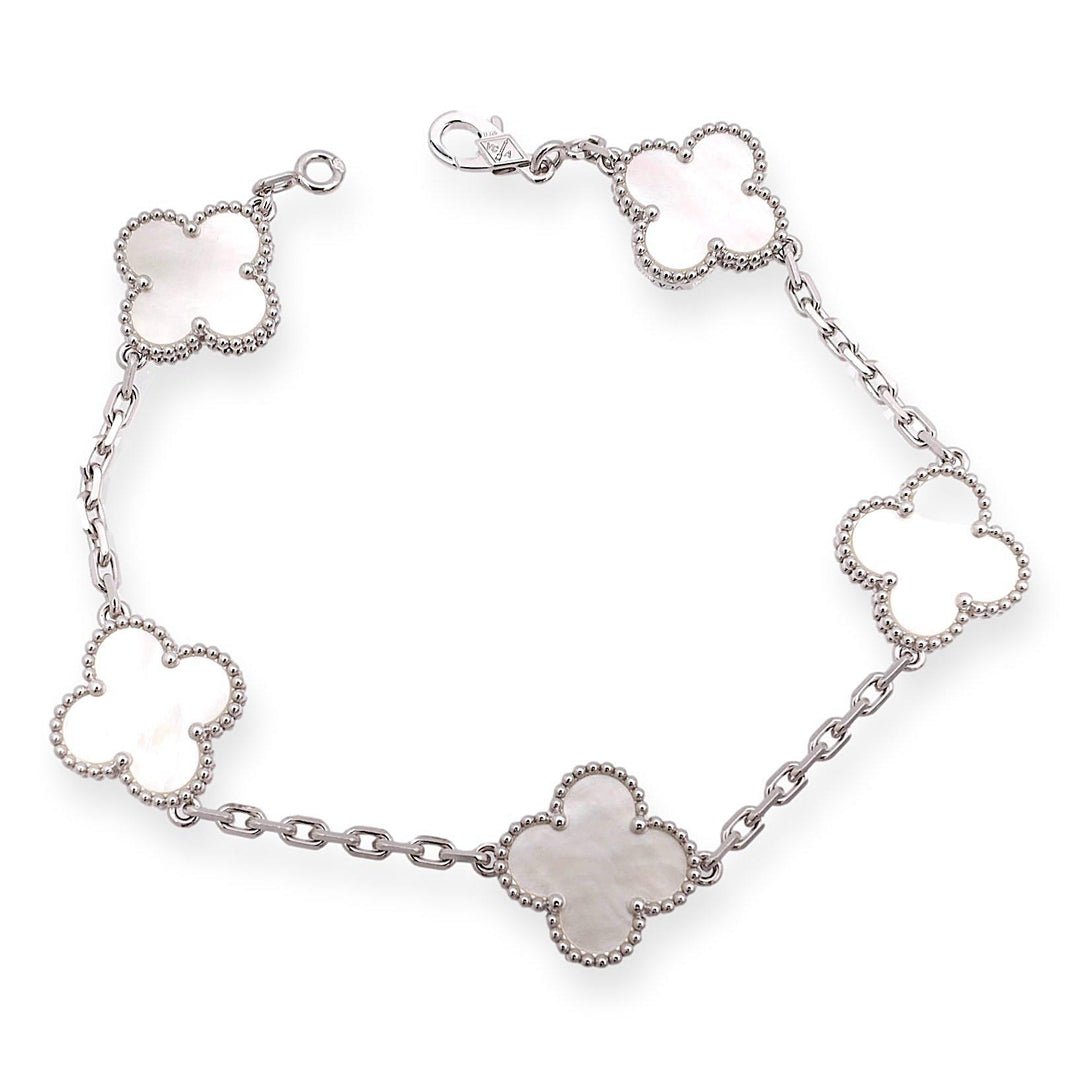 Van Cleef & Arpels 18K White Gold Vintage Alhambra 5 Motif M.O.P. Bracelet