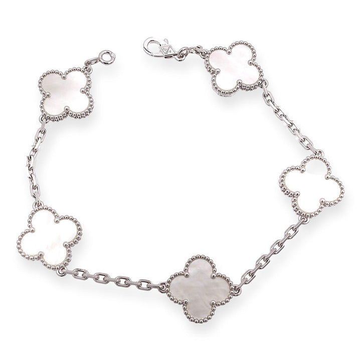 Van Cleef & Arpels 18K White Gold Vintage Alhambra 5 Motif M.O.P. Bracelet