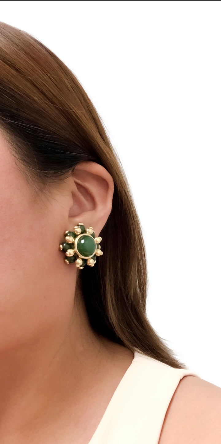 Vintage Verdura 18K Yellow Gold Cabochon Nephrite Jade Cluster Large Clip Earrings