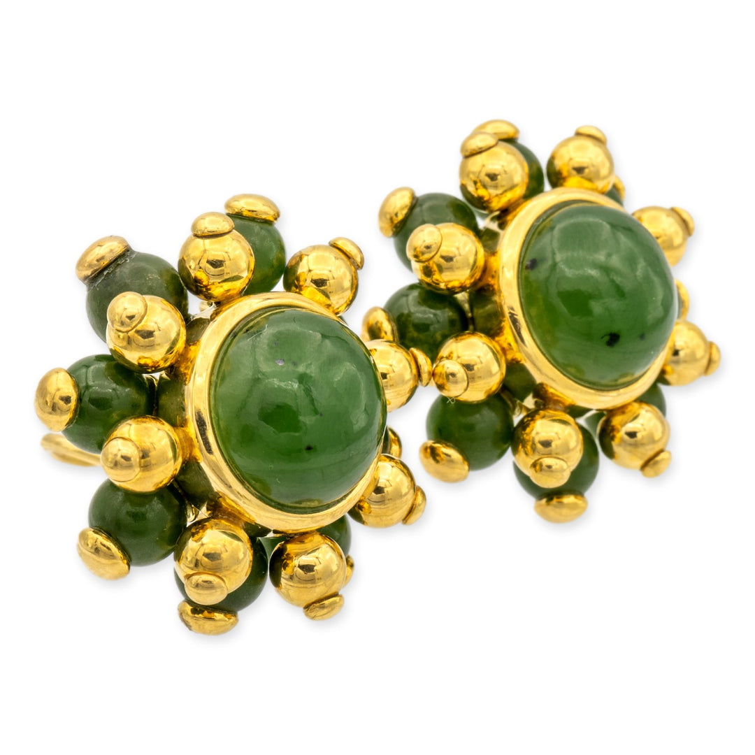 Vintage Verdura 18K Yellow Gold Cabochon Nephrite Jade Cluster Large Clip Earrings