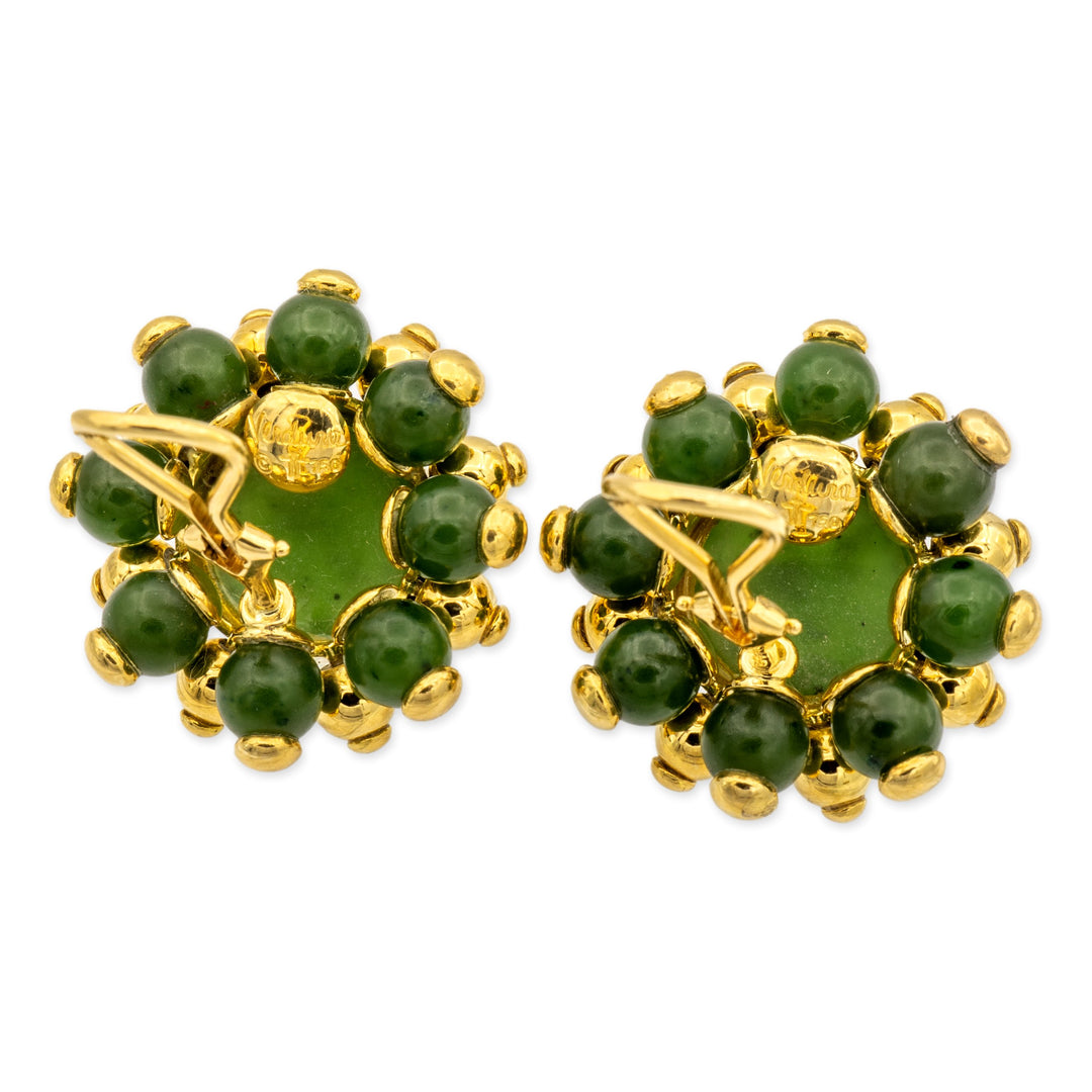 Vintage Verdura 18K Yellow Gold Cabochon Nephrite Jade Cluster Large Clip Earrings