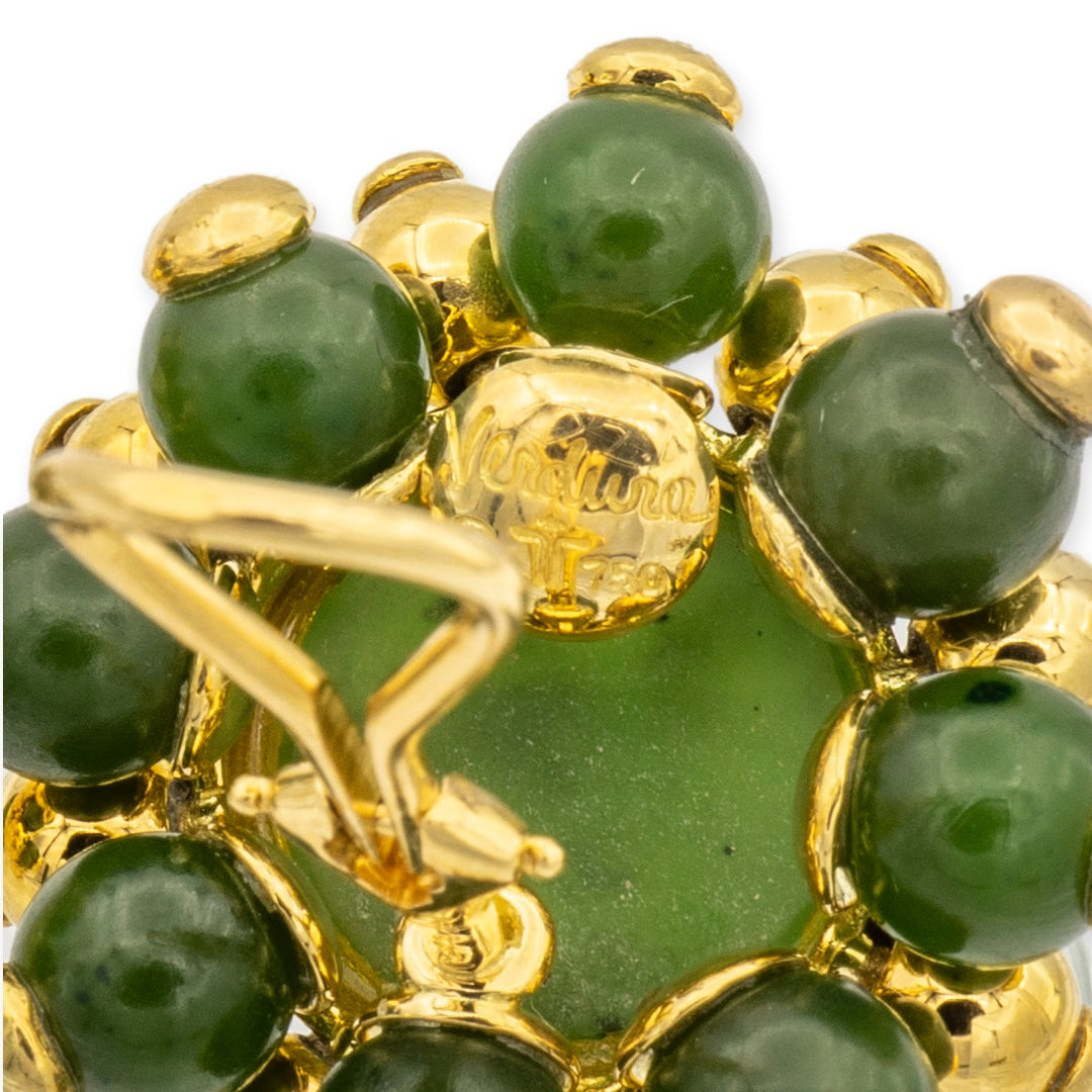Vintage Verdura 18K Yellow Gold Cabochon Nephrite Jade Cluster Large Clip Earrings