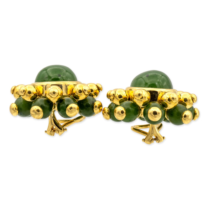 Vintage Verdura 18K Yellow Gold Cabochon Nephrite Jade Cluster Large Clip Earrings