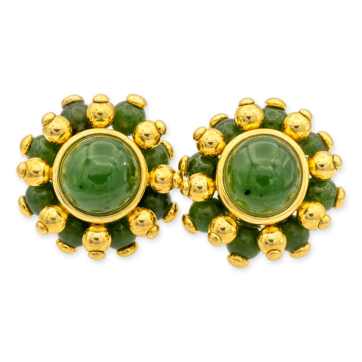 Vintage Verdura 18K Yellow Gold Cabochon Nephrite Jade Cluster Large Clip Earrings