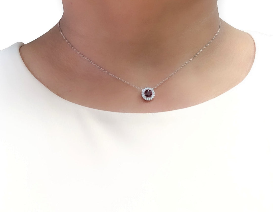 Tiffany & Co. Platinum Soleste Round Ruby and Diamond Pendant 16" Long