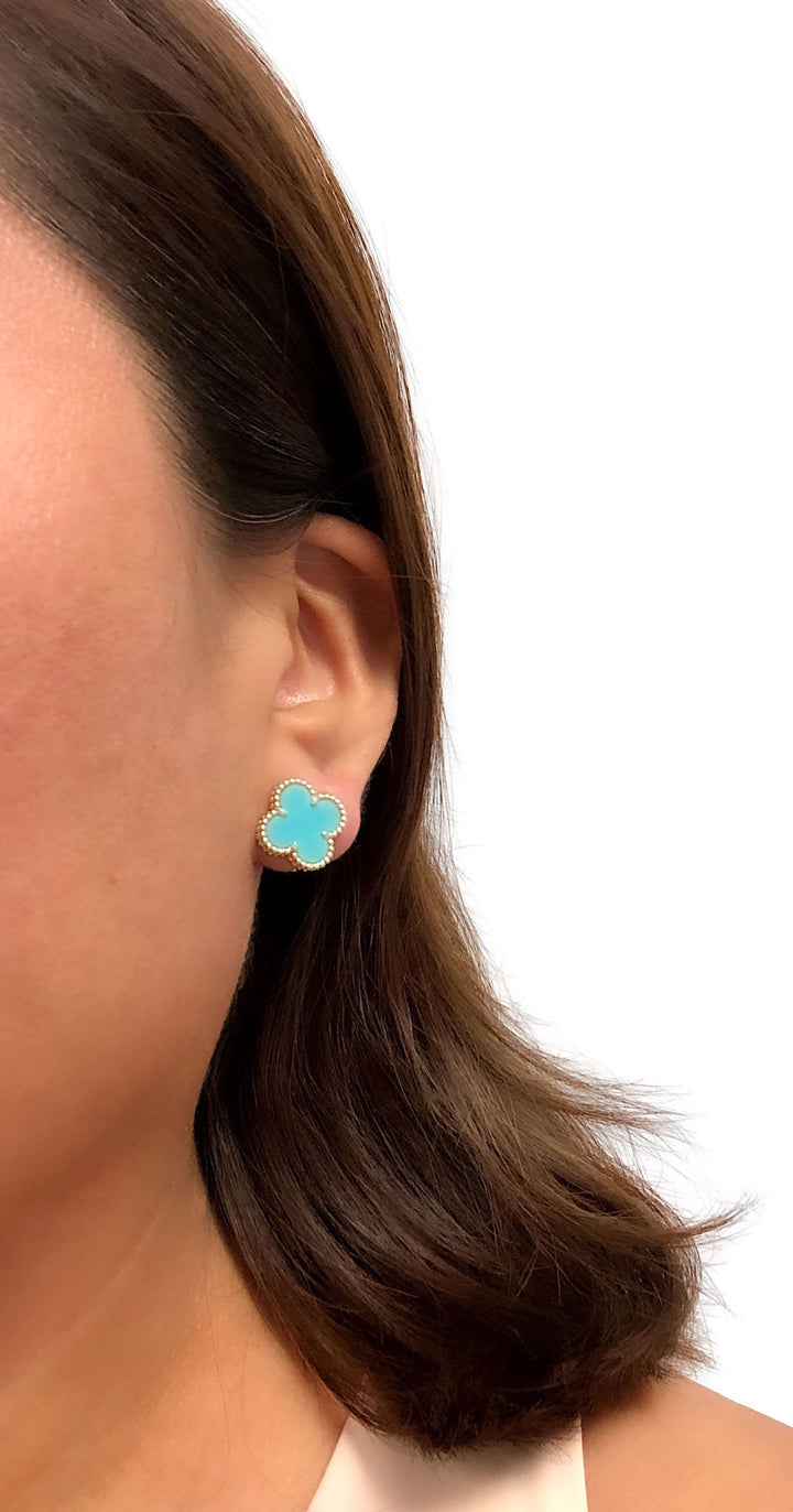 Van Cleef & Arpels Vintage Alhambra 18K Yellow Gold Turquoise Clip Earrings