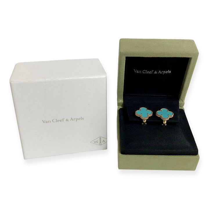 Van Cleef & Arpels Vintage Alhambra 18K Yellow Gold Turquoise Clip Earrings