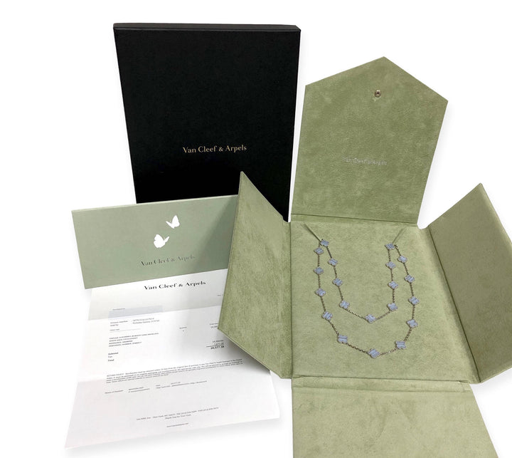 Van Cleef & Arpels 18K White Gold Vintage Alhambra 20 Motif Chalcedony Necklace
