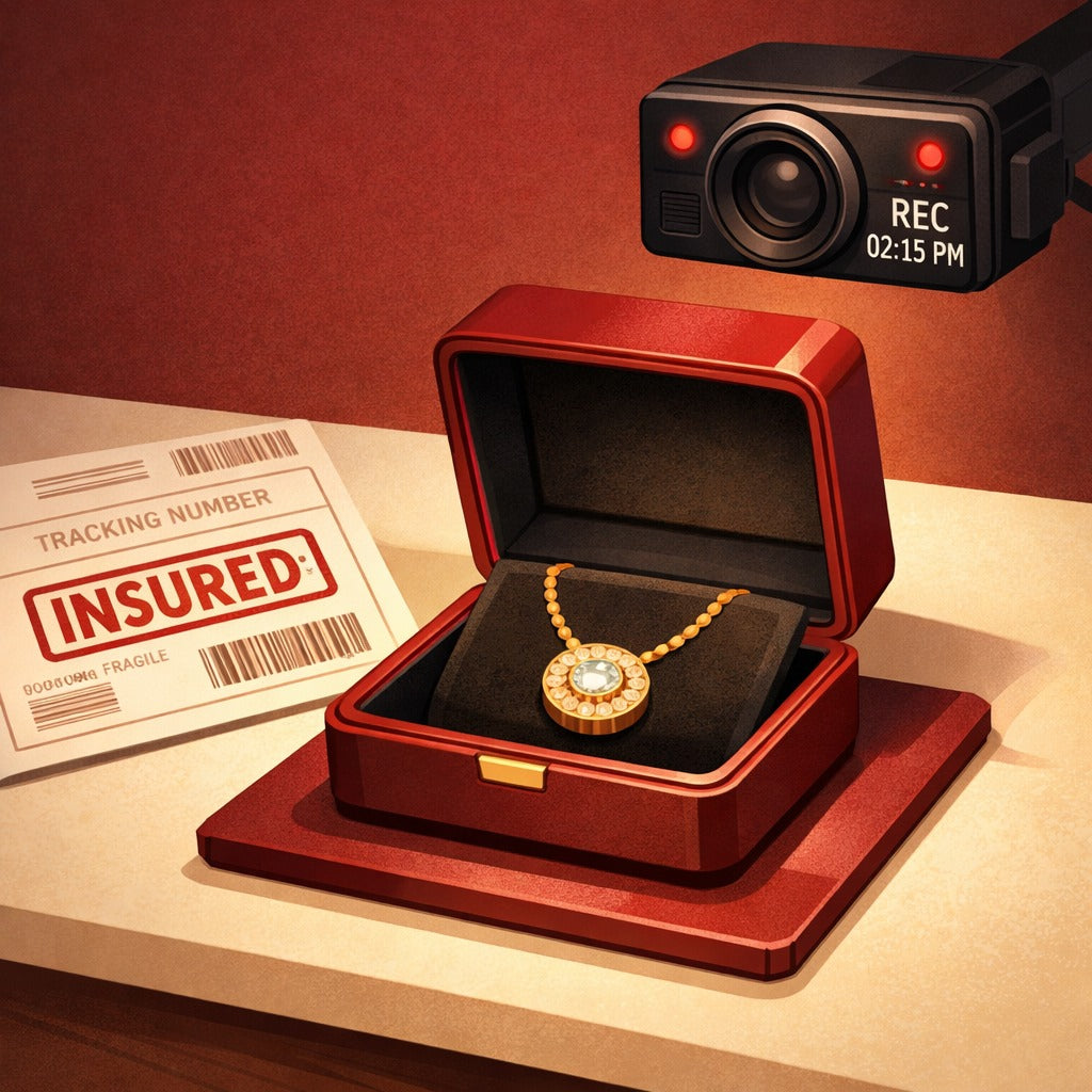 Stylized illustration of an open jewelry box with a gold necklace, an “INSURED” shipping label, and a recording camera.