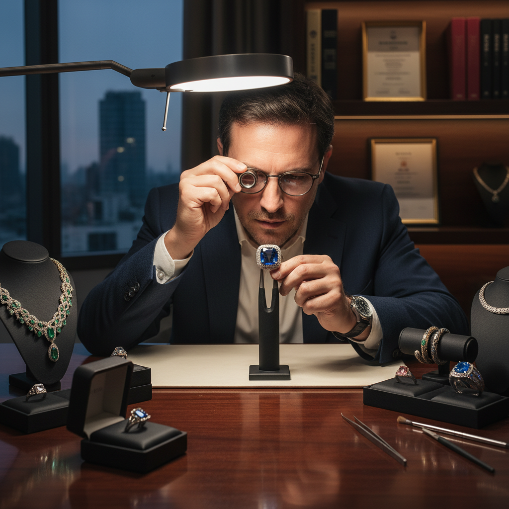 Photograph of a jeweler meticulously examining a large sapphire ring with a loupe, surrounded by luxurious jewelry in a sophisticated, dimly lit office setting.