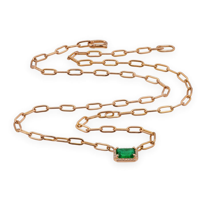 14K Rose Gold Emerald and Diamond Pendant Necklace