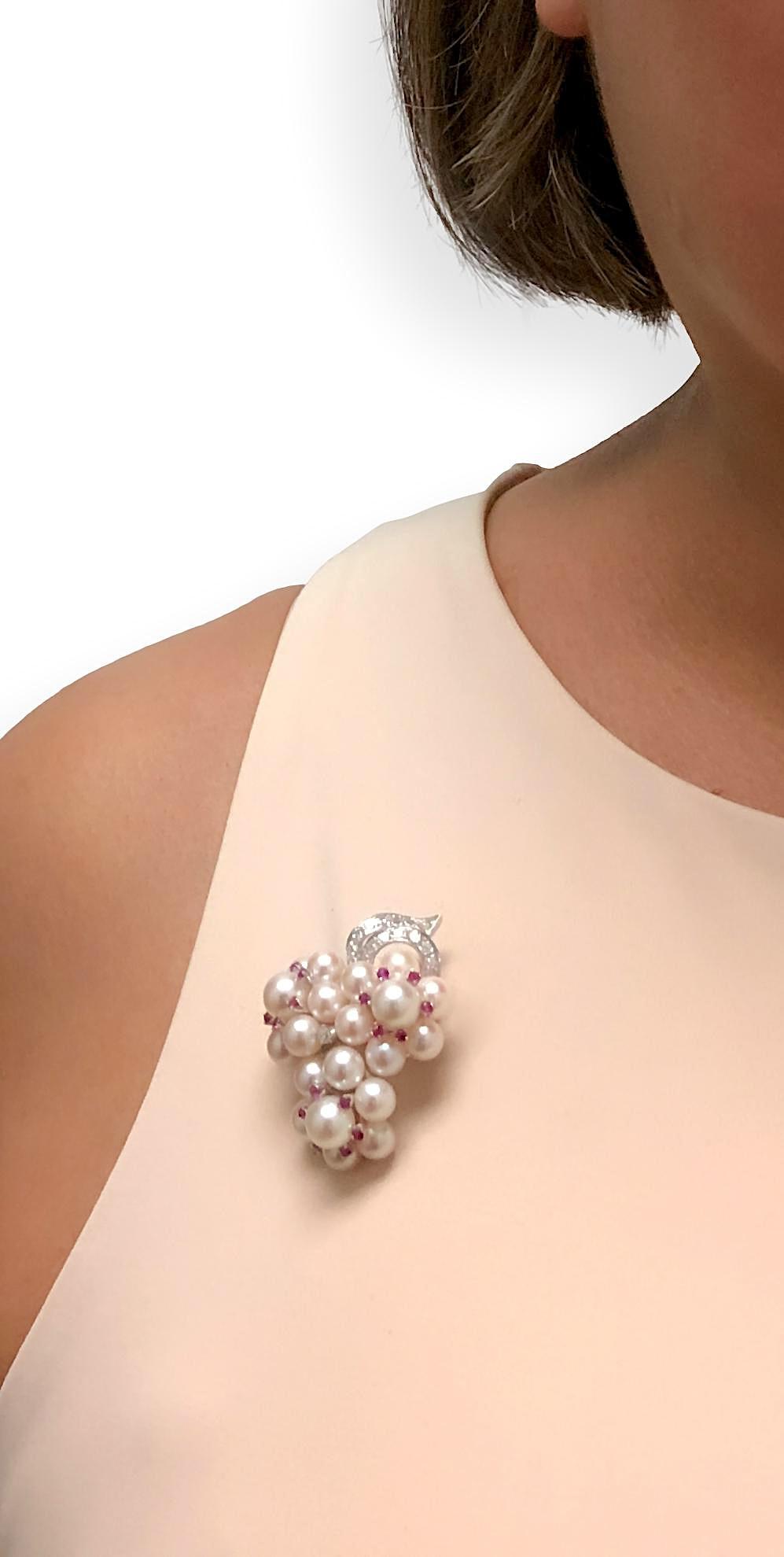 Vintage 14K White Gold Pearl Ruby Diamond Grape Cluster Brooch