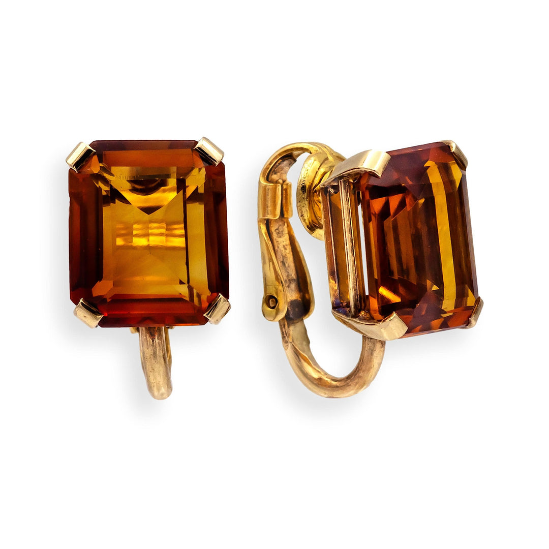 Vintage 14K/10K Yellow Gold Madeira Citrine Emerald Cut Clip-On Earrings