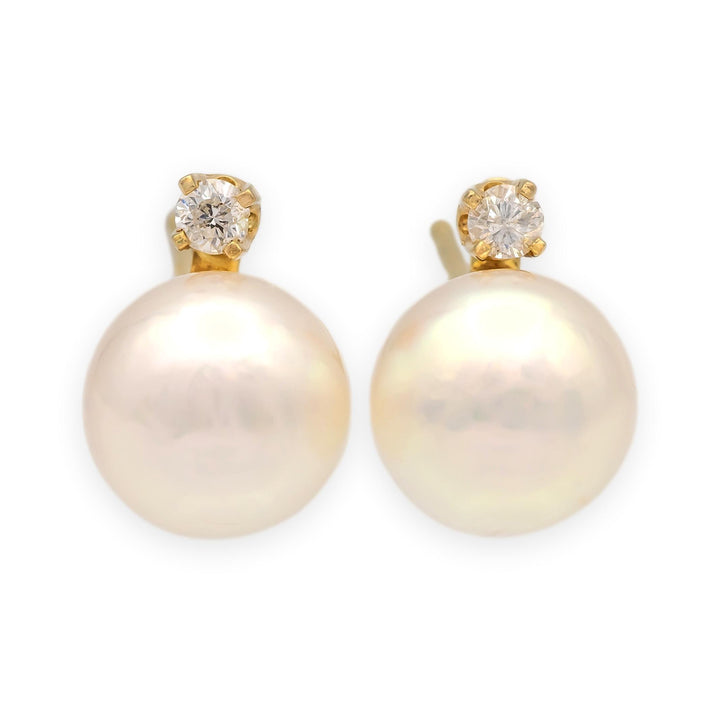 Vintage 14K Yellow Gold Cultured Pearl & Diamond Stud Earrings (6.8mm, 0.05cts )