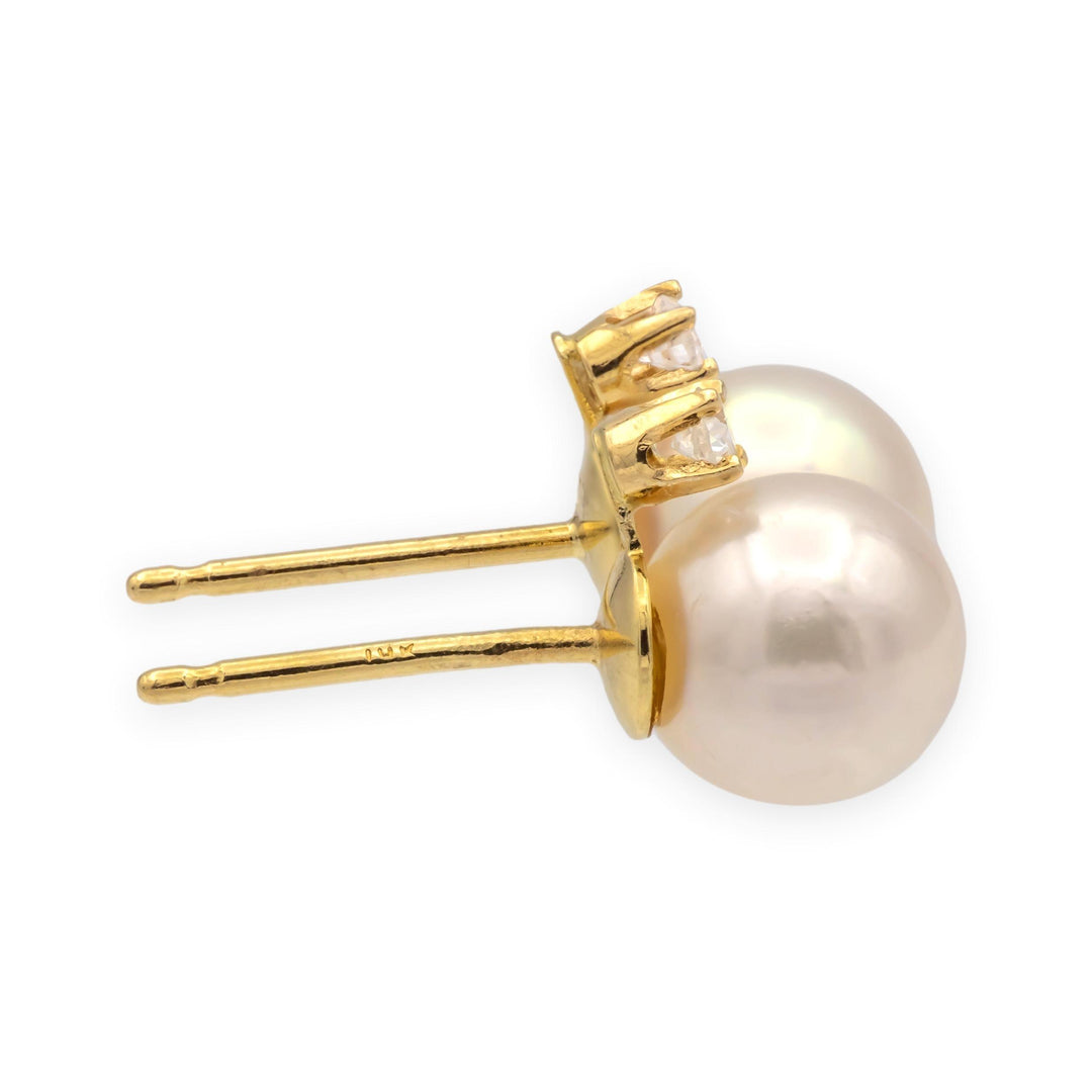 Vintage 14K Yellow Gold Cultured Pearl & Diamond Stud Earrings (6.8mm, 0.05cts )
