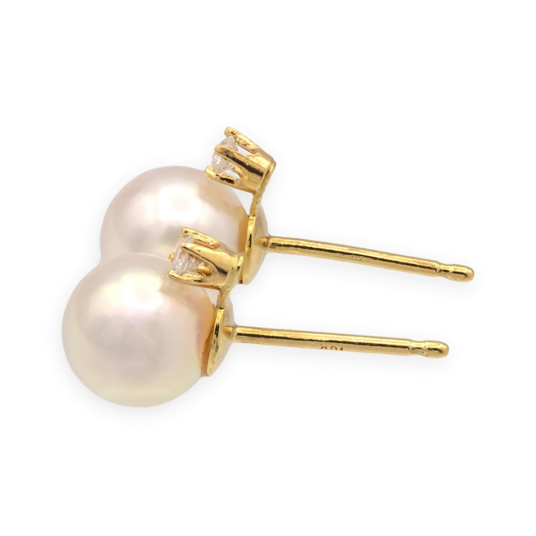 Vintage 14K Yellow Gold Cultured Pearl & Diamond Stud Earrings (6.8mm, 0.05cts )