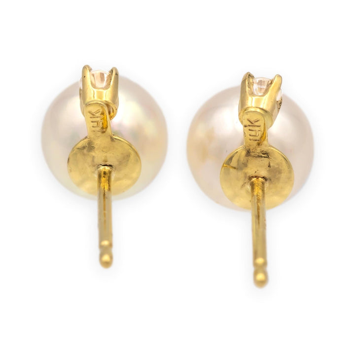 Vintage 14K Yellow Gold Cultured Pearl & Diamond Stud Earrings (6.8mm, 0.05cts )