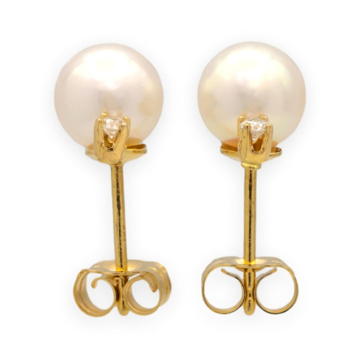 Vintage 14K Yellow Gold Cultured Pearl & Diamond Stud Earrings (6.8mm, 0.05cts )