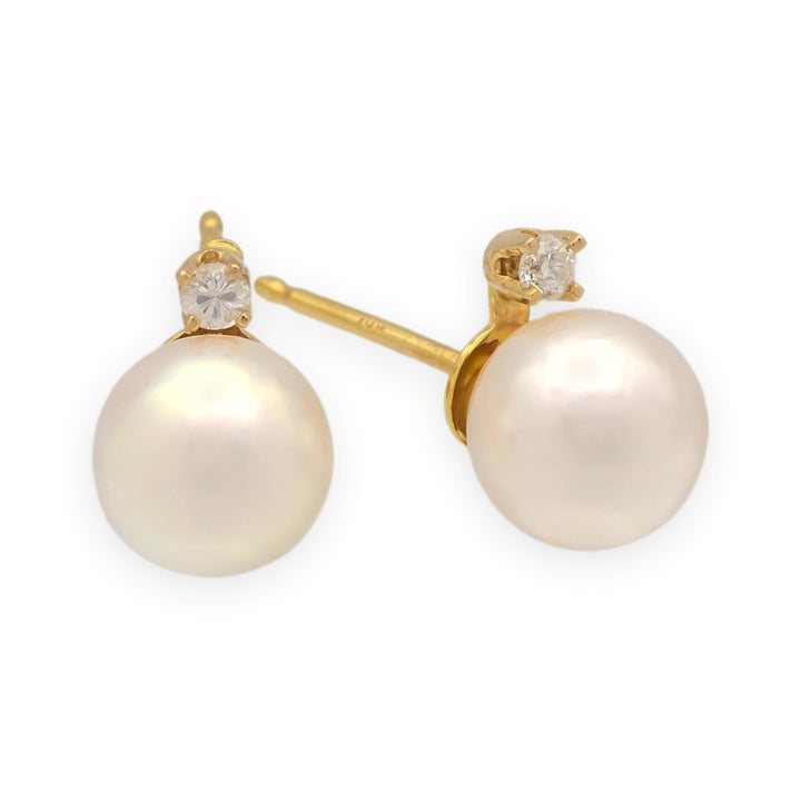 Vintage 14K Yellow Gold Cultured Pearl & Diamond Stud Earrings (6.8mm, 0.05cts )