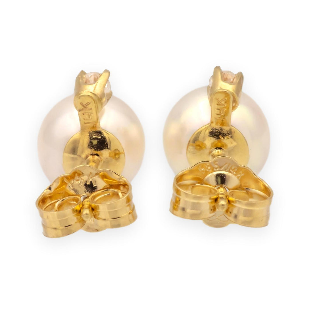 Vintage 14K Yellow Gold Cultured Pearl & Diamond Stud Earrings (6.8mm, 0.05cts )