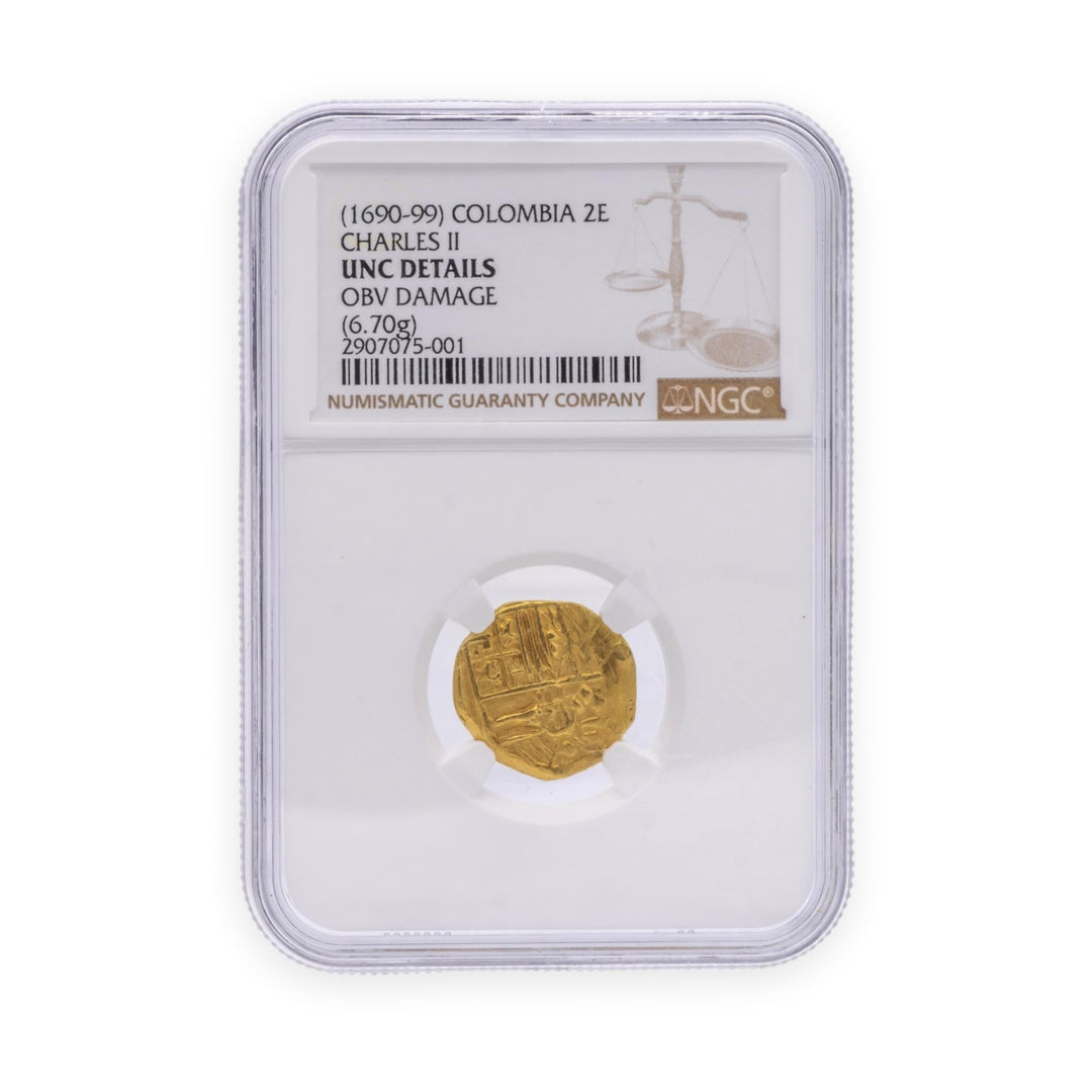 1690–1699 Colombia 2 Escudos Gold Cob – Charles II – NGC UNC Details – 6.70g