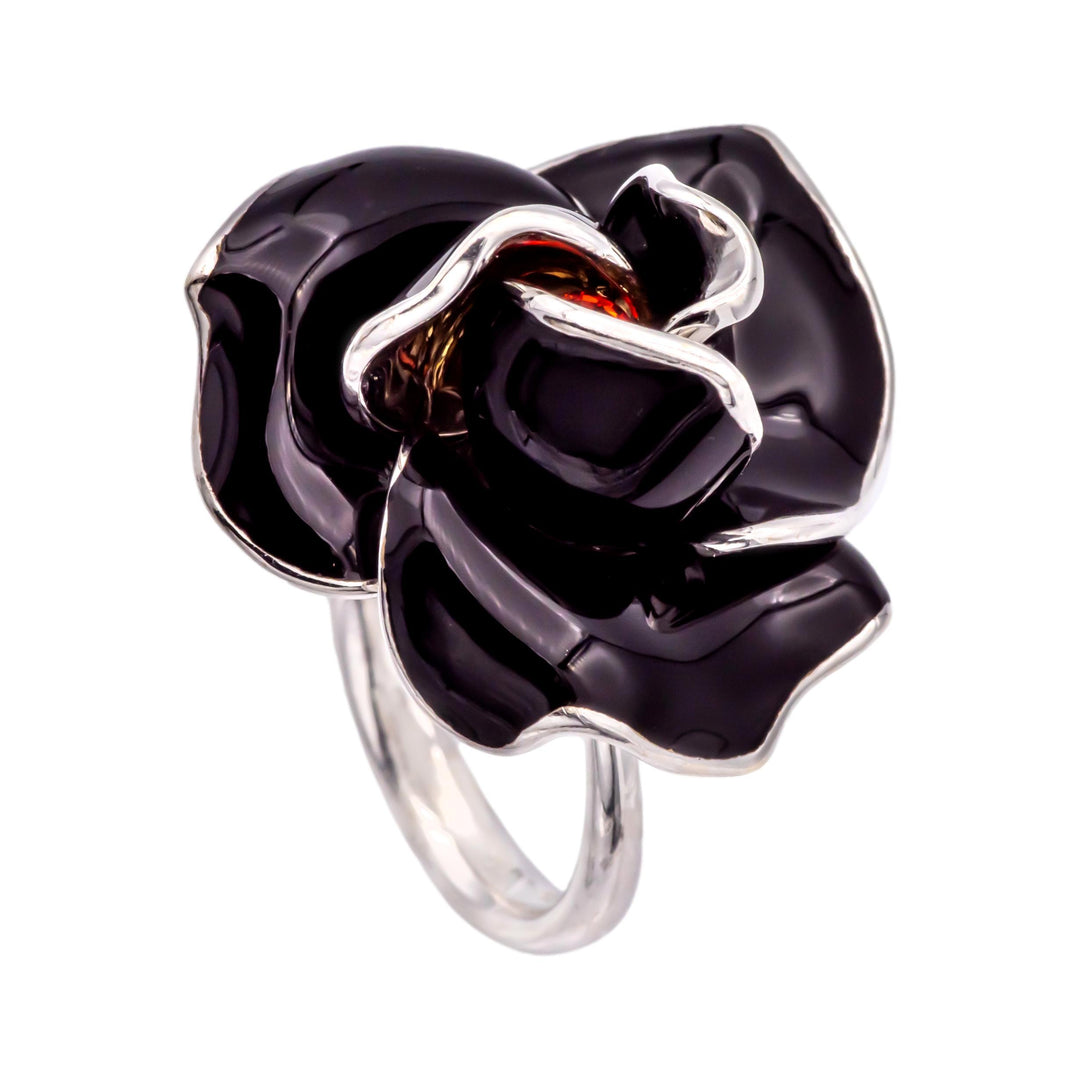 Mia Nardi 18K White Gold Rosa Ring in Black enamel with Orange Sapphire Center