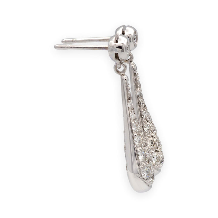 Vintage 18K White Gold Teardrop Dangling Diamond Pavé Earrings 1.25 tcw. G VS